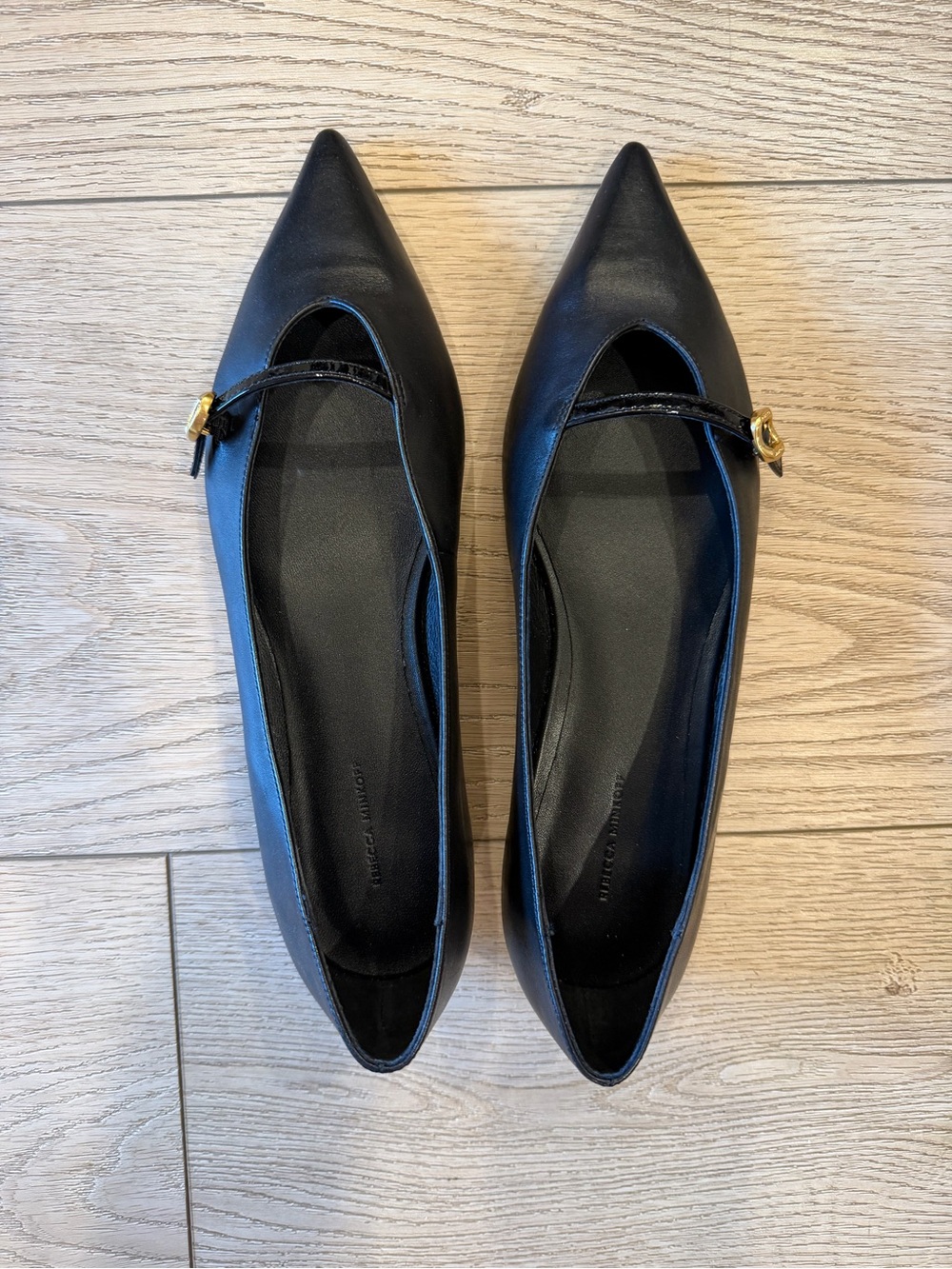 Rebecca Minkoff Black Pointed Mary Jane Flats with Gold Buckles size 8.5